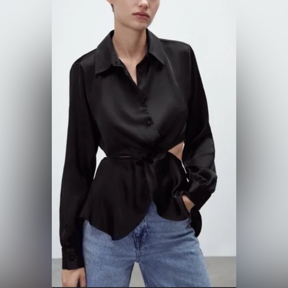 NWT Zara Satin black Button-Down Shirt